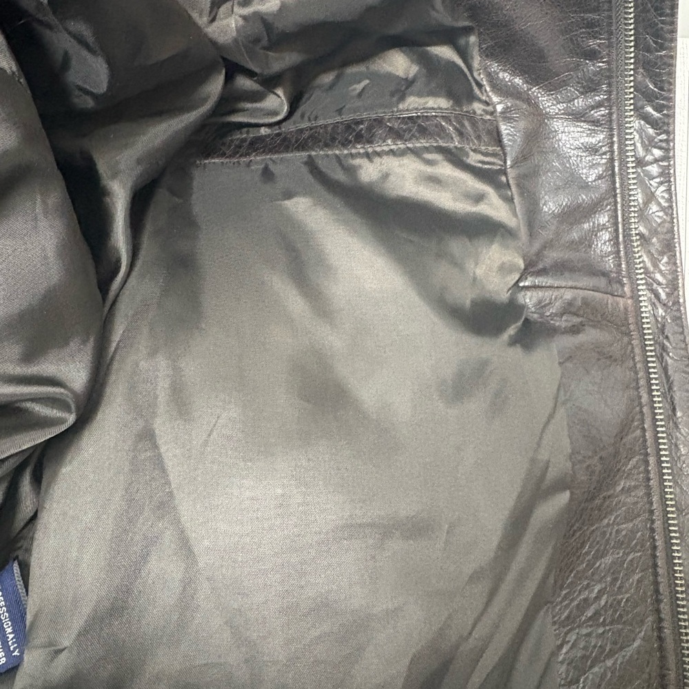 Vintage Structure Men's Brown Leather Bomber Jacket with Black Collar - Picture 7 of 8